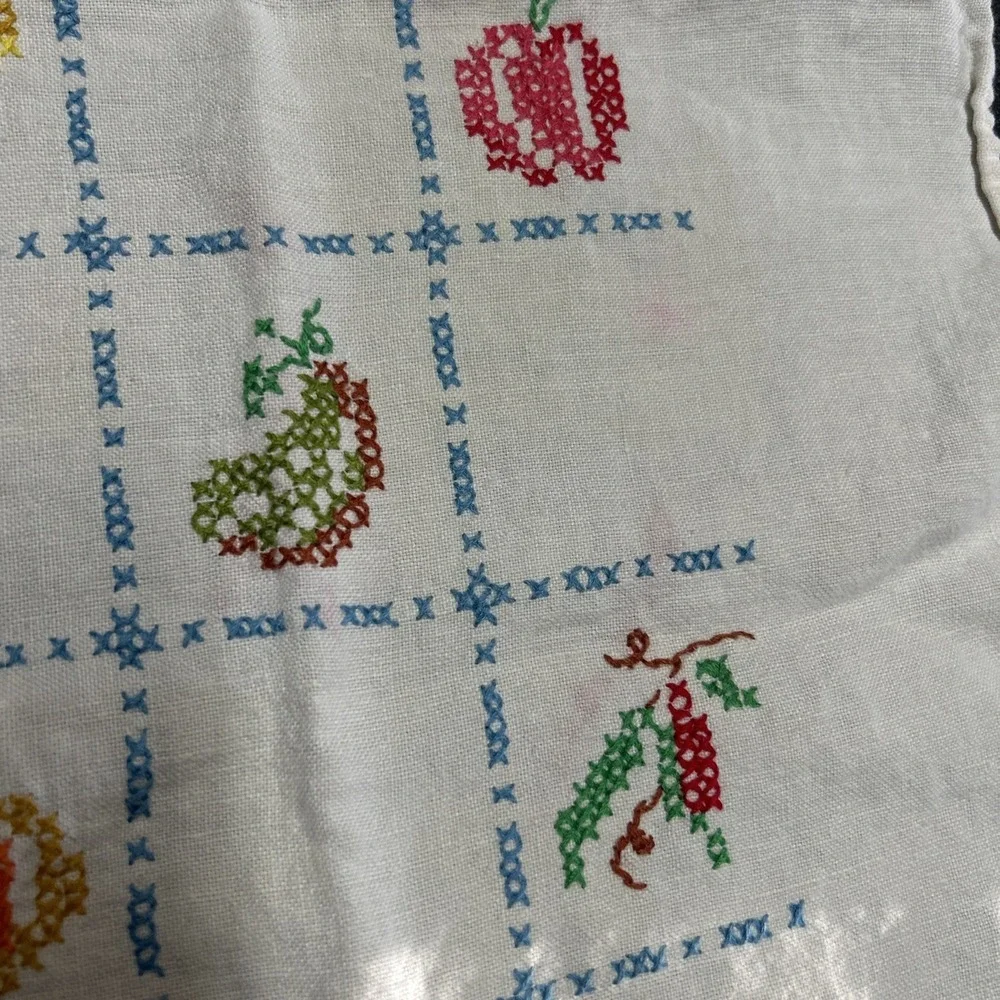Hand Sewn Cross Stitch Kitchen Towel Vintage Fruits Rooster Vegetables
